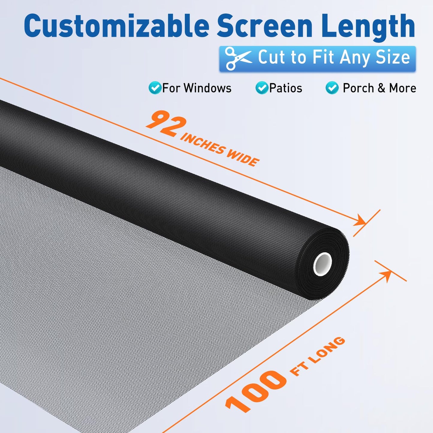 MAGZO Window Screen Replacement Mesh Roll, 92IN x 100FT Heavy Duty Polyester Mesh (82g/m²), UV-Resistant & Pet-Proof, Easy to Cut for Door Repair, Patio, Porch, Backyard, Garden, Non-Deformable