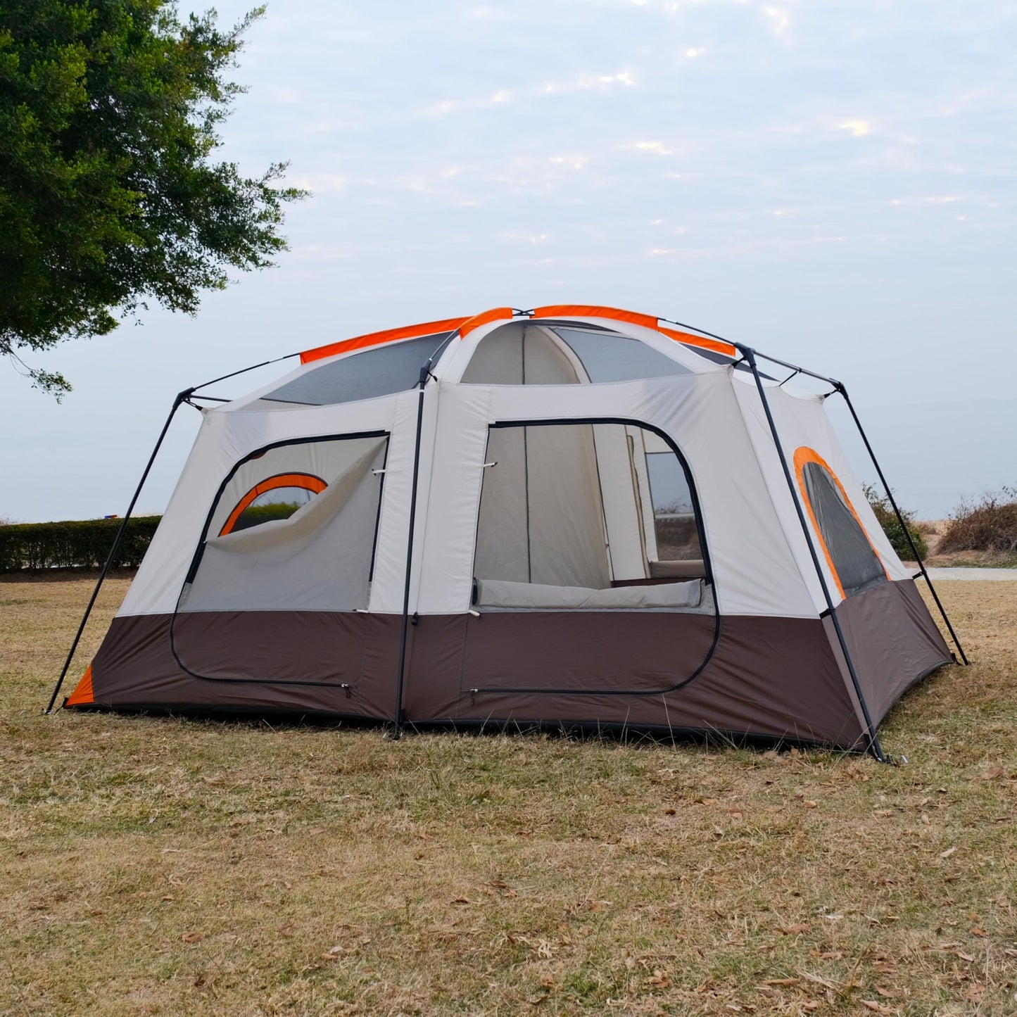 KTT Large Tent 8-10 Person,Family Cabin Tents,2 Rooms,2 Doors and 4 Windows with Mesh,Straight Wall,Waterproof,Double Layer,Big Tents for Outdoor,Picnic,Camping,Family Gathering(Brown)