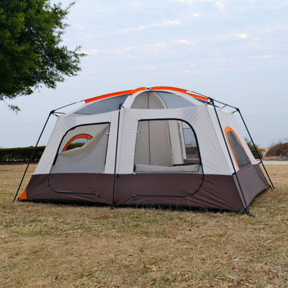 KTT Large Tent 8-10 Person,Family Cabin Tents,2 Rooms,2 Doors and 4 Windows with Mesh,Straight Wall,Waterproof,Double Layer,Big Tents for Outdoor,Picnic,Camping,Family Gathering(Brown)