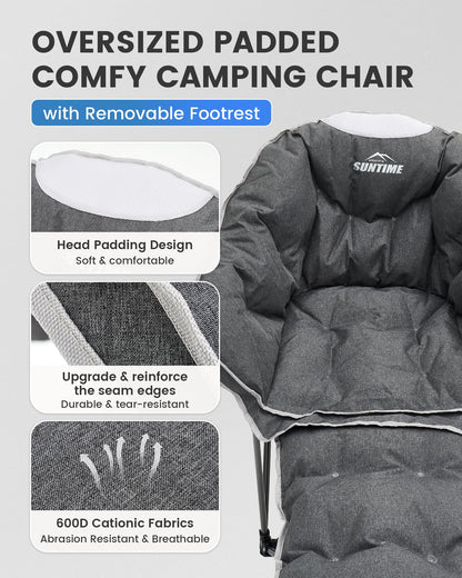Upgrade Oversized Padded Comfy Camping Chair with Removable Leg Rest,Adjustable Cup Holder,Built-in Comfy Foam Armrest Supports,Heavy Duty Outdoor Round Folding Chair for Camping, Carry Bag, Gray