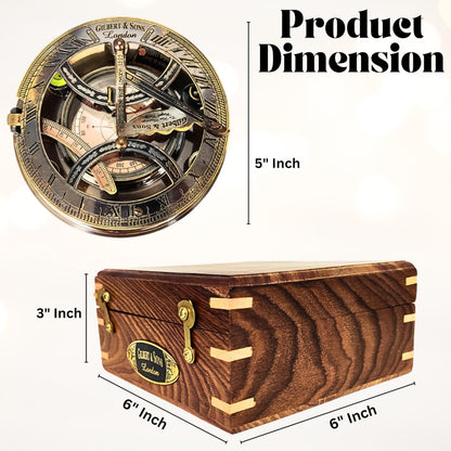 ANTIQUANA Brass Sundial - 5 inches Large Sundial Compass in Rosewood Case Top Grade Calibrated Vintage Gift