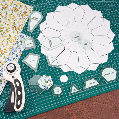 Cinnvoice 612 Pcs Patchwork Paper EPP English Piecing Supplies 12 Shapes Acrylic Templates with 600 Paper Piecing for Sewing Dresden Plate Triangle Hexagon Quilting Template(Classic 1,Clear)