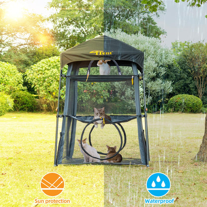 Automatic Pop-Up Cat Enclosure|3-Tier Cat Tent|Cage|Outdoor Catio with Patent,Breathable Portable & Foldable, Stable Structure for Indoor/Outdoor, Free Teaser Wand,Friendly Connectable playpen-Black