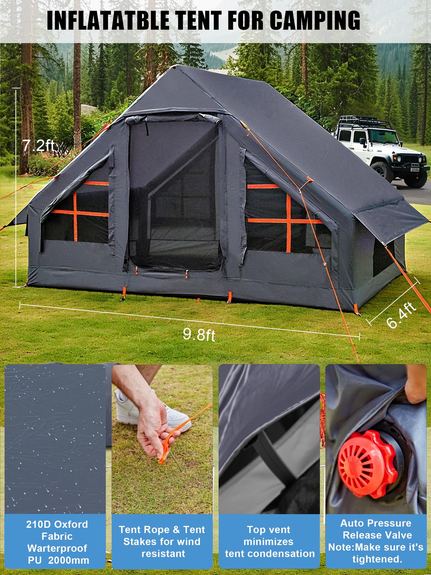 Inflatable Tents for Camping 2-4 Person - Easy Blow Up Glamping Tent with Hand Pump, Waterproof PVC Air Inflatable Tent House for Family Weekend Camping, Grey