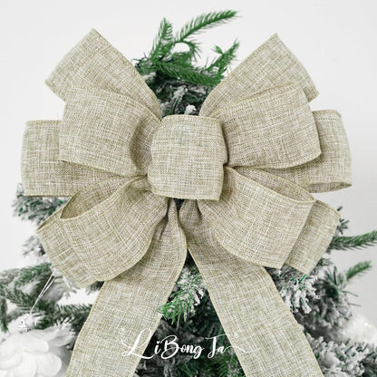 Skiennix 13" Burlap Wired Ribbon Bow | Rustic Christmas Tree Topper & Party Decoration - Large Gift Bow