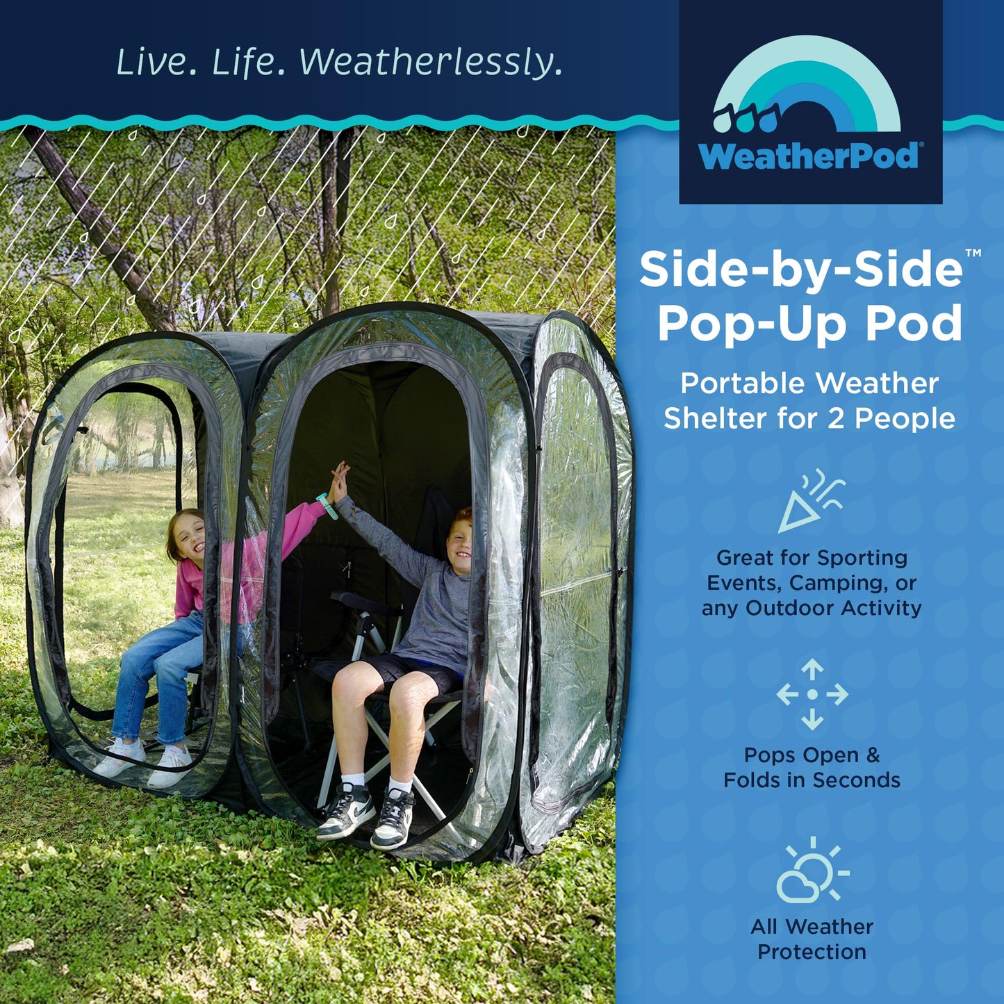WeatherPod® Side-by-Side™ 2 Person Pop-Up Sports Tent Pod - The Original Shark Tank Instant Setup All-Weather Pod Shelter for Outdoor Sports, Rain, Wind & Cold