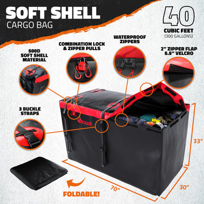 Mockins 70"x30"x6" XXL Folding Trailer Hitch Cargo Carrier w/Rear Lights, Plate Bracket & 40 CuFt Waterproof Cargo Bag for Hitch Carrier | 500 Lbs Cap Luggage Rack for SUV Car & Truck w/Accessories