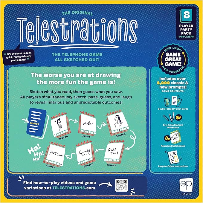 Telestrations 8 Player 2nd Edition Board Game Award Winning Hilarious and Unpredictable Must Have Party Game with a New Look Sketch What Your Read Then Guess What You Saw 4-8 Players Ages 10+