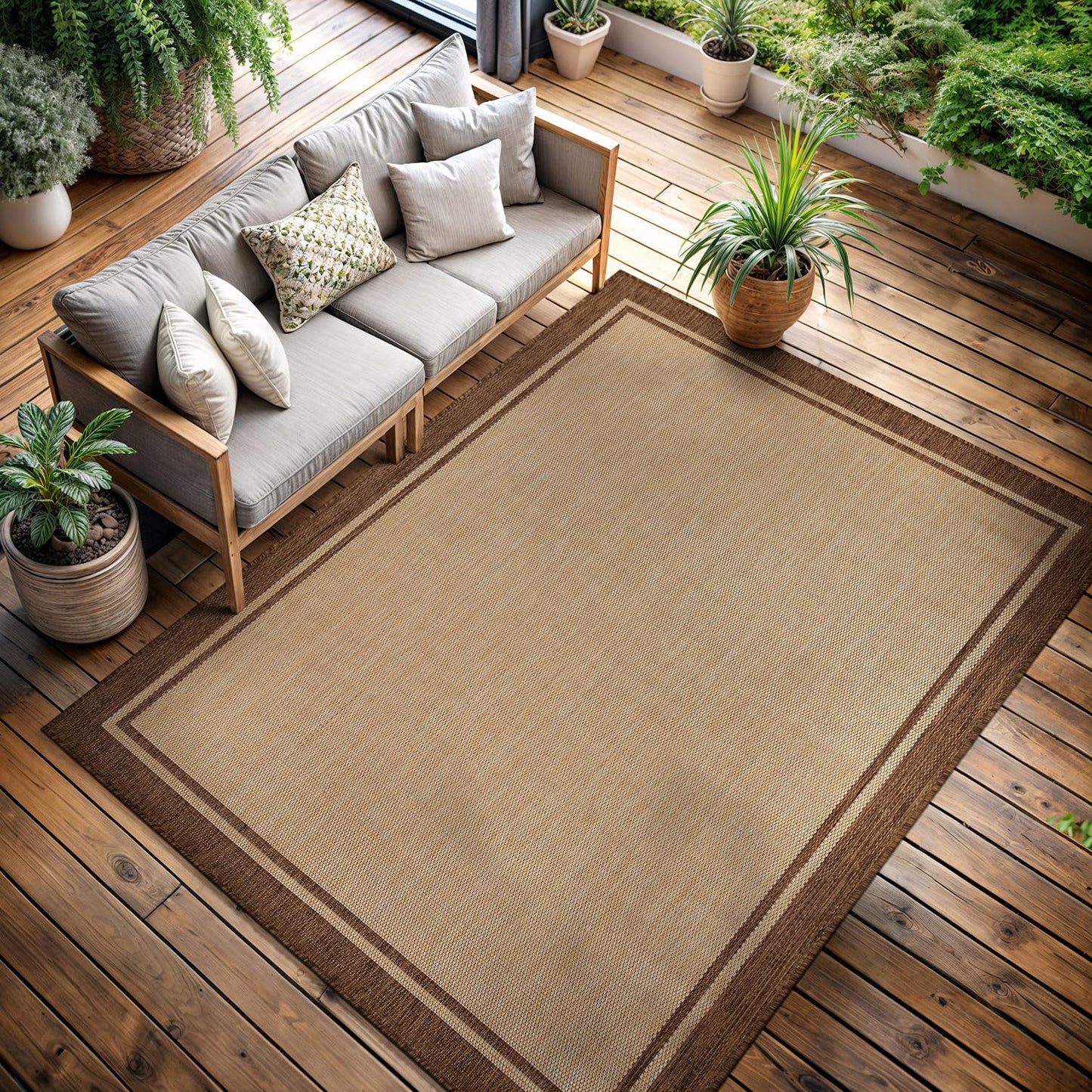 CAMILSON Outdoor Rug 8x10 Bordered Natural Brown Modern Area Rugs for Indoor and Outdoor Patios, Kitchen and Hallway Mats, Washable Porch Deck Outside Carpet (Border Jute, 8 x 10)