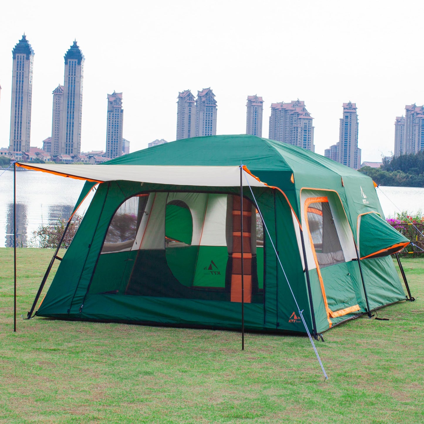 KTT Extra Large Tent 12 Person,2 Bay-Windows,Family Cabin Tents,14'Lx10'Wx6.58'H,2 Rooms and 3 Doors 3 Windows with Mesh,Waterproof,Straight Wall,Big Tent for Outdoor,Picnic,Camping,Gathering(Green)