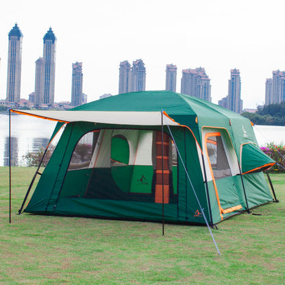 KTT Extra Large Tent 12 Person,2 Bay-Windows,Family Cabin Tents,14'Lx10'Wx6.58'H,2 Rooms and 3 Doors 3 Windows with Mesh,Waterproof,Straight Wall,Big Tent for Outdoor,Picnic,Camping,Gathering(Green)