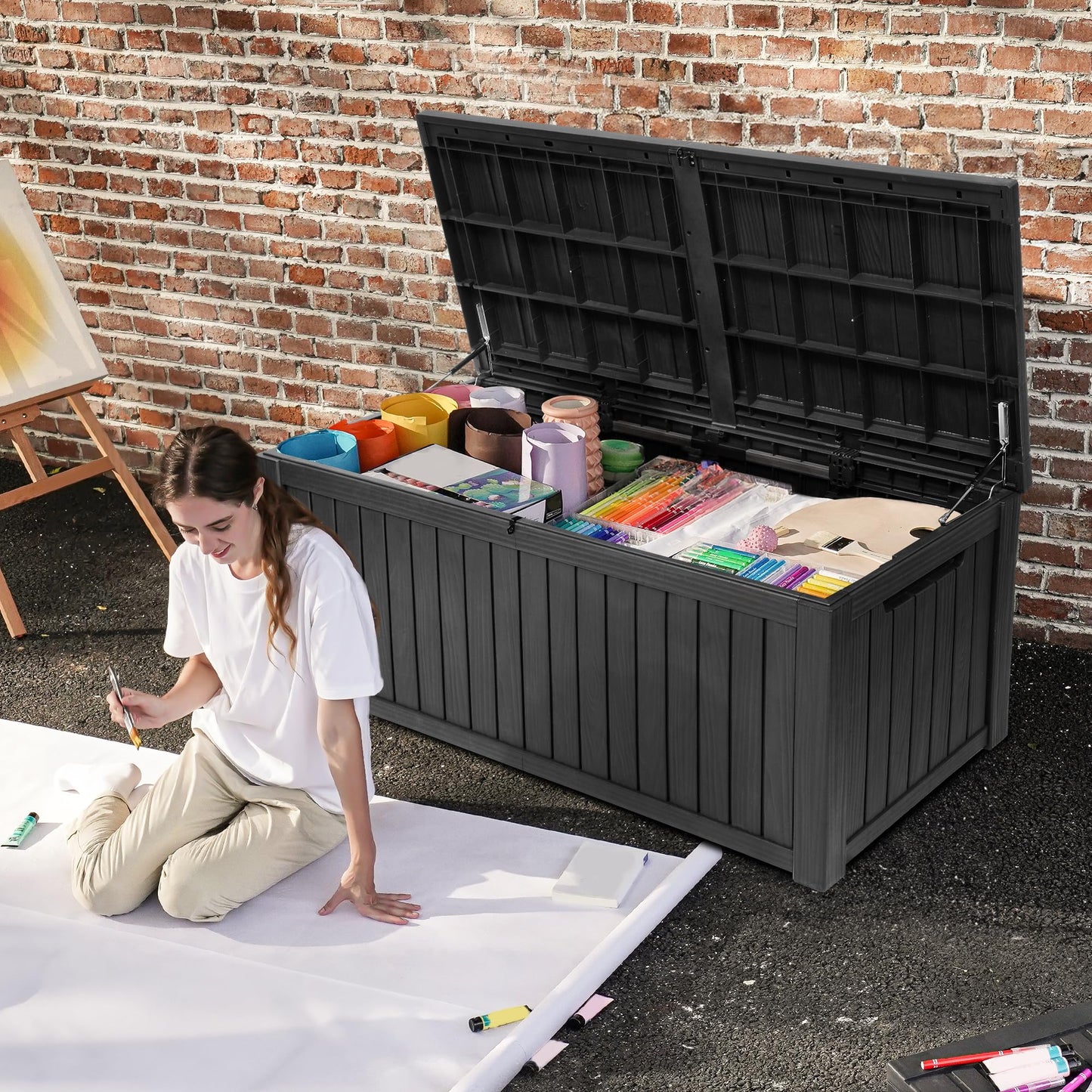 DWVO 180 Gallon XL Deck Box with Divider & Lockable Lid, Waterproof Resin Outdoor Storage for Patio, Garden, Poolside, Cushions, Supplies & Sports Gear, Black