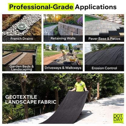 DOTDAY 8 oz Non-Woven Geotextile Fabric 6ft x 50ft, Heavy Duty Driveway Underlayment for Gravel, French Drain Fabric, Paver Base & Erosion Control, UV-Stabilized Permeable, Black, Terra