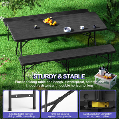 VSOAEIL 6 Foot Folding Picnic Table Set with 2 Benches, HDPE Tree Pattern Top, 3-Piece Portable Indoor Outdoor Furniture with Safety Locks & Handle for Party Camping, Black