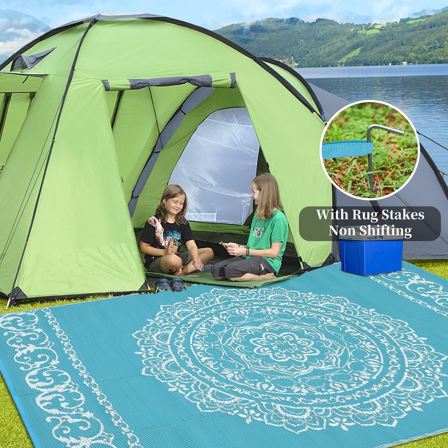 GlowSol Outdoor Rug 9x18 ft, Reversible Waterproof Outdoor Plastic Straw Rug, Oriental Medallion Patio Rug, Large Outdoor Carpet, RV Mat Outside for Patio, Camp, Picnic, Balcony, Deck, Backyard,Blue