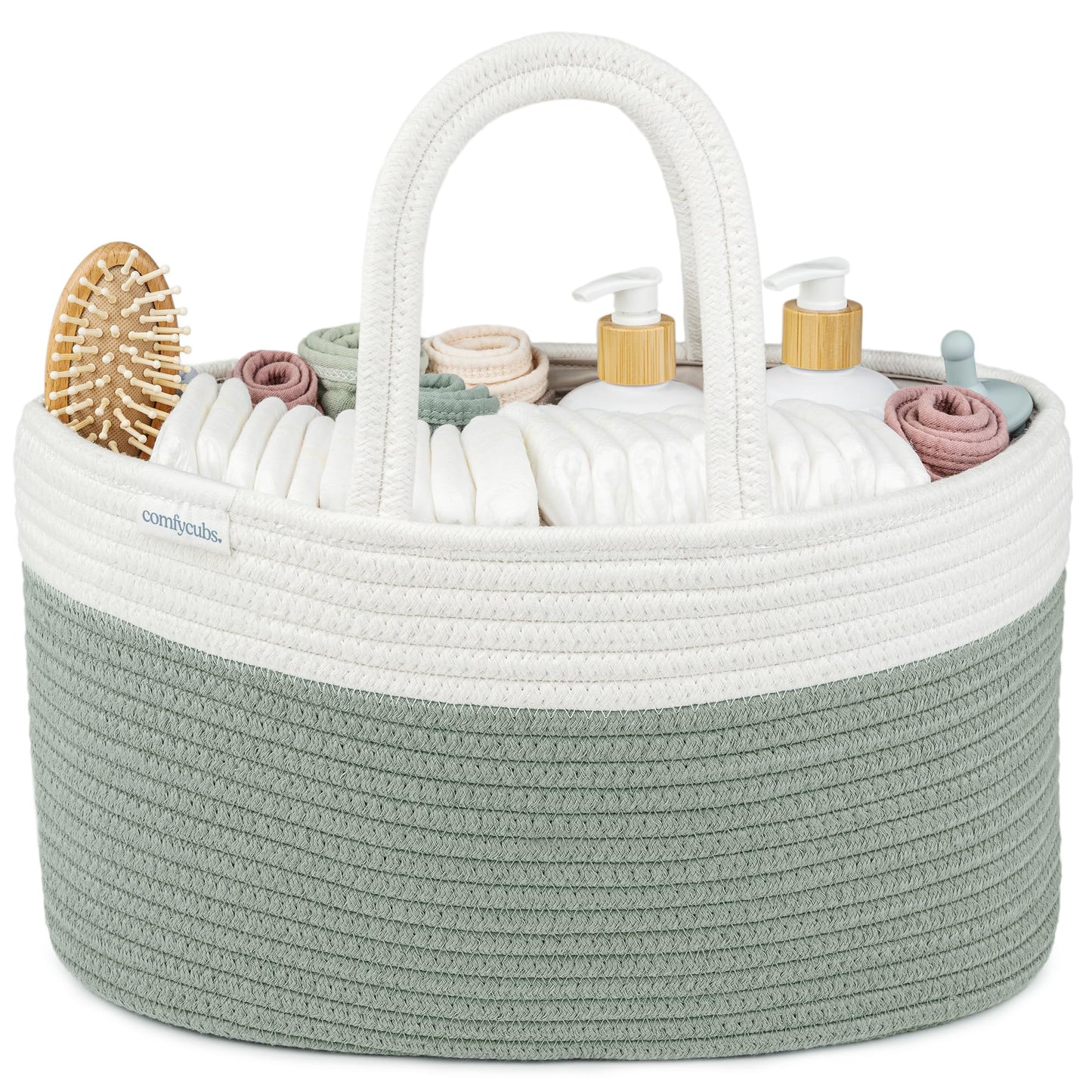 Comfy Cubs Rope Diaper Caddy Organizer 8.5" x 15" x 8" - Large Baby Diaper Basket with 3 Spacious Compartments - Stylish Cotton Baby Caddy Organizer for Diapers, Wipes & Essentials - Sage