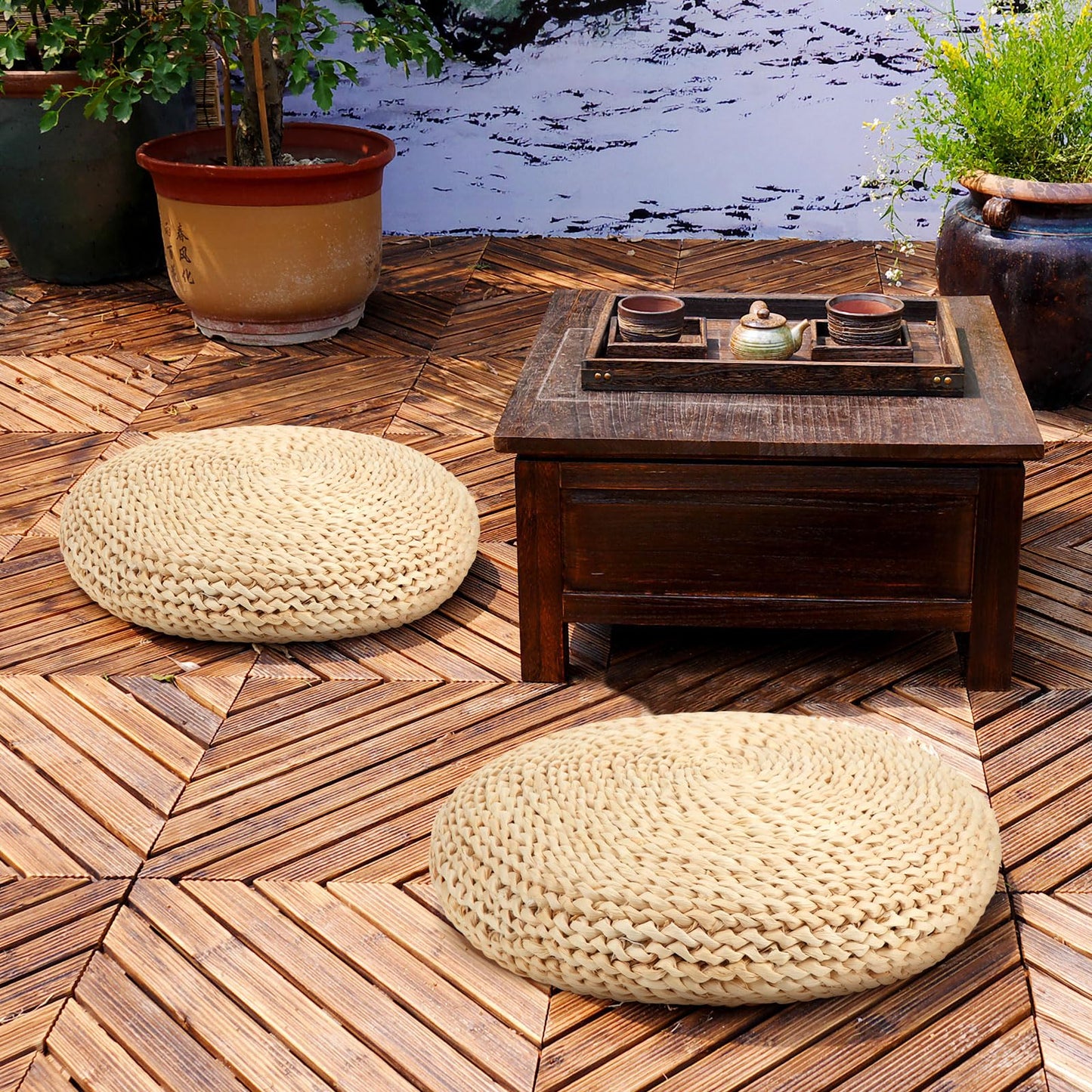 Barydat 8 Pcs Floor Cushions Round Large Pillow Seating Meditation Floor Pillow Boho Natural Woven Seat Cushion Japanese Tatami Cushion for Yoga Room Balcony Chair Pad, 15.75 Inch