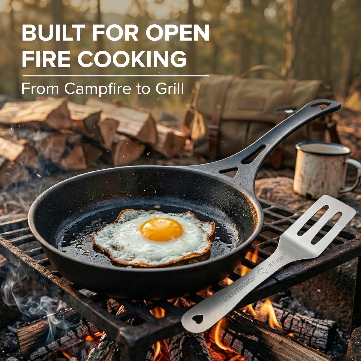 SOLIDTEKNICS 8" Outdoor Skillet Set – Naturally Seasoned Australian Iron Skillet with Lil Flippa Stainless Flipper & Mini Pan Scraper Lightweight Camping Cookware for Grill & Campfire Cooking