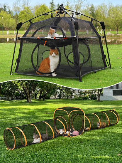2-Tier Cat Catio with Tunnel, Outdoor Catio Cat Enclosure, Portable Cat Playpen for Indoor Outdoor Use, Breathable Mesh, Foldable Travel Cat Cage for Cats, Kittens