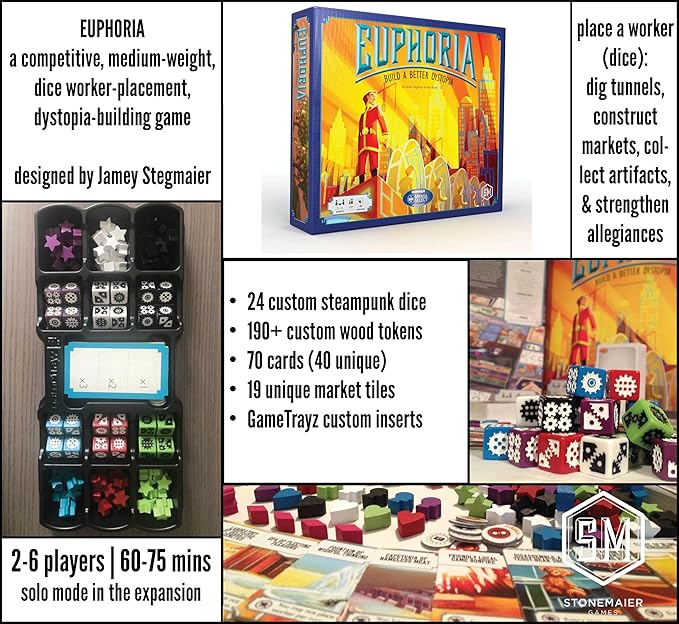 Stonemaier Games: Euphoria: Build a Better Dystopia (Base Game) by Jamey Stegmaier &amp Alan Stone | Competitive Dice Worker Placement Strategy Board Game for Adults &amp Family | 2-6 Players 60 Mi