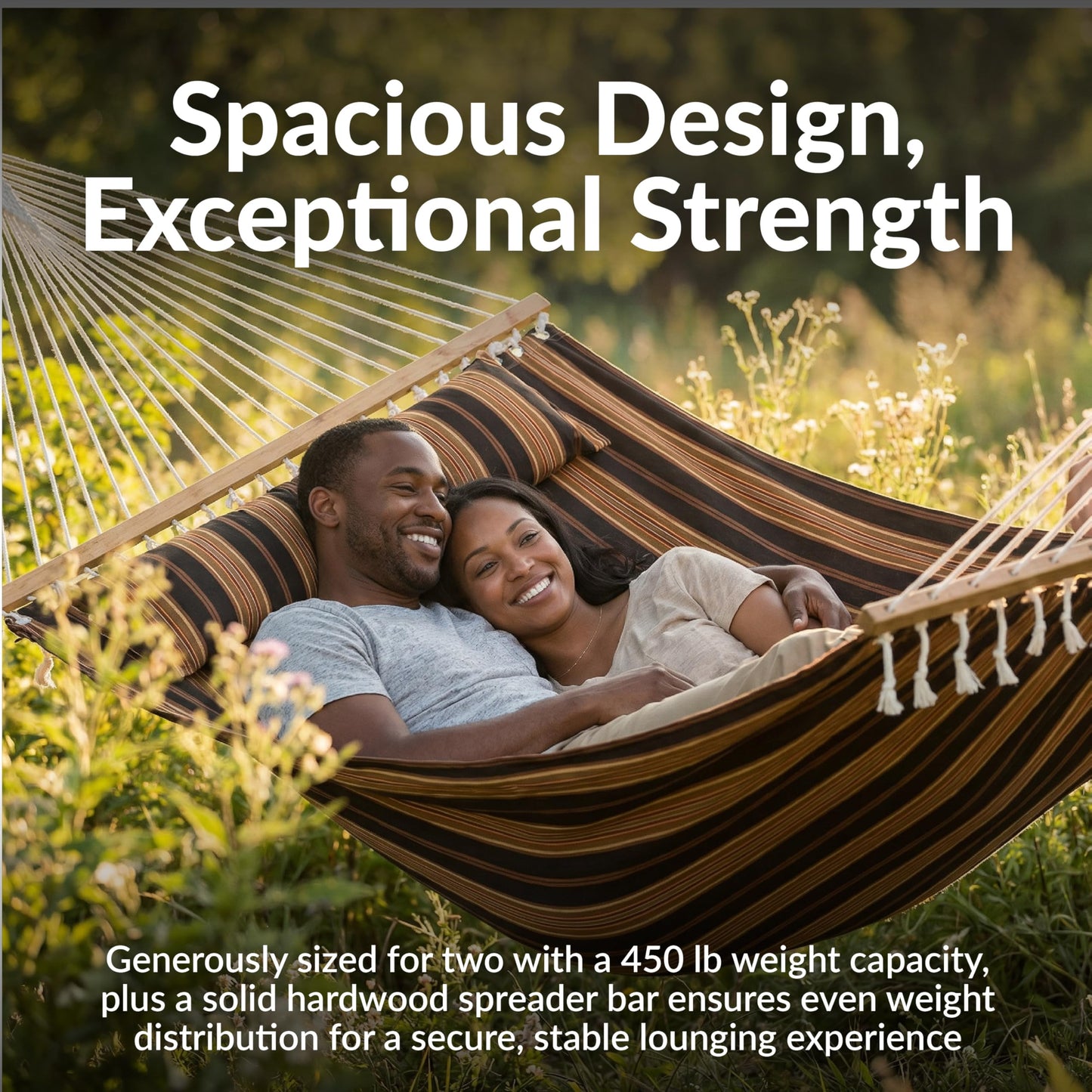 Sunnydaze Quilted Double Hammock for Outside with Spreader Bars and Pillow - 450 lb Capacity, 74x55 Inch Bed, UV Resistant, Quick Dry - Chains Included, Stand Sold Separately - Woodland Stripe