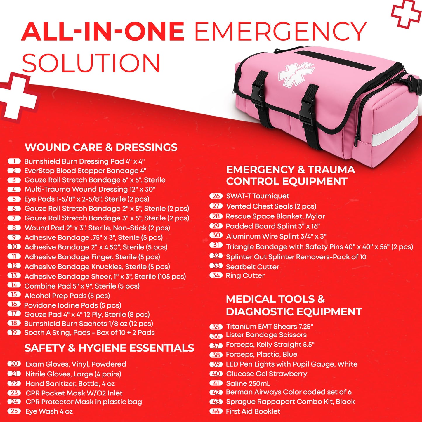 Fully Stocked EMT Trauma Bag – Tactical First Responder Medical Kit with Tourniquet, Vented Chest Seals, Hemostatic Gauze, Trauma Shears, Bandages & Bleeding Control Supplies – Pink