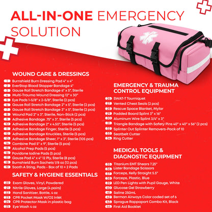 Fully Stocked EMT Trauma Bag – Tactical First Responder Medical Kit with Tourniquet, Vented Chest Seals, Hemostatic Gauze, Trauma Shears, Bandages & Bleeding Control Supplies – Pink