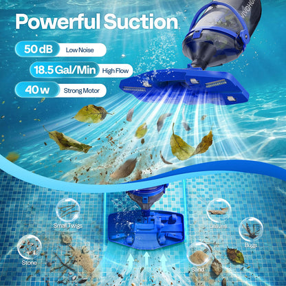 VIVOHOME Handheld Pool Vacuum 1110GPH Suction Cordless Pool Cleaner 40W Powerful Motor Long-Run 60min Battery, Adjustable 9.12FT Pole for Above Ground & In-Ground Pools, Spas - Blue