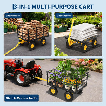 Heavy Duty 1500 Lbs Capacity Mesh Steel Garden Cart Folding Utility Wagon with Removable Sides, Garden Cart on Wheels for Gardening Soil, Tools, and Plant Transport