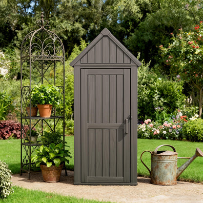 WTFGO Vertical Outdoor Storage Shed, Waterproof Resin Outdoor Storage Cabinet with Removable Shelves & 12 Hooks, Lockable Small Tool Shed for Garden, Backyard, Patio, Pool, Gray