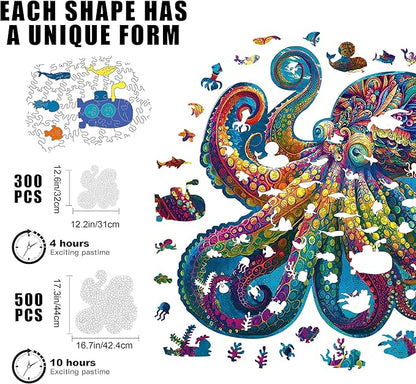 Mys Aurora Unique Wooden Jigsaw Puzzles - Agate Octopus 300 Pcs Medium Size 12.6'' x 12.2'' Luxurious Animal Shaped Wood Puzzle Beautiful Package Best Gift for Adults