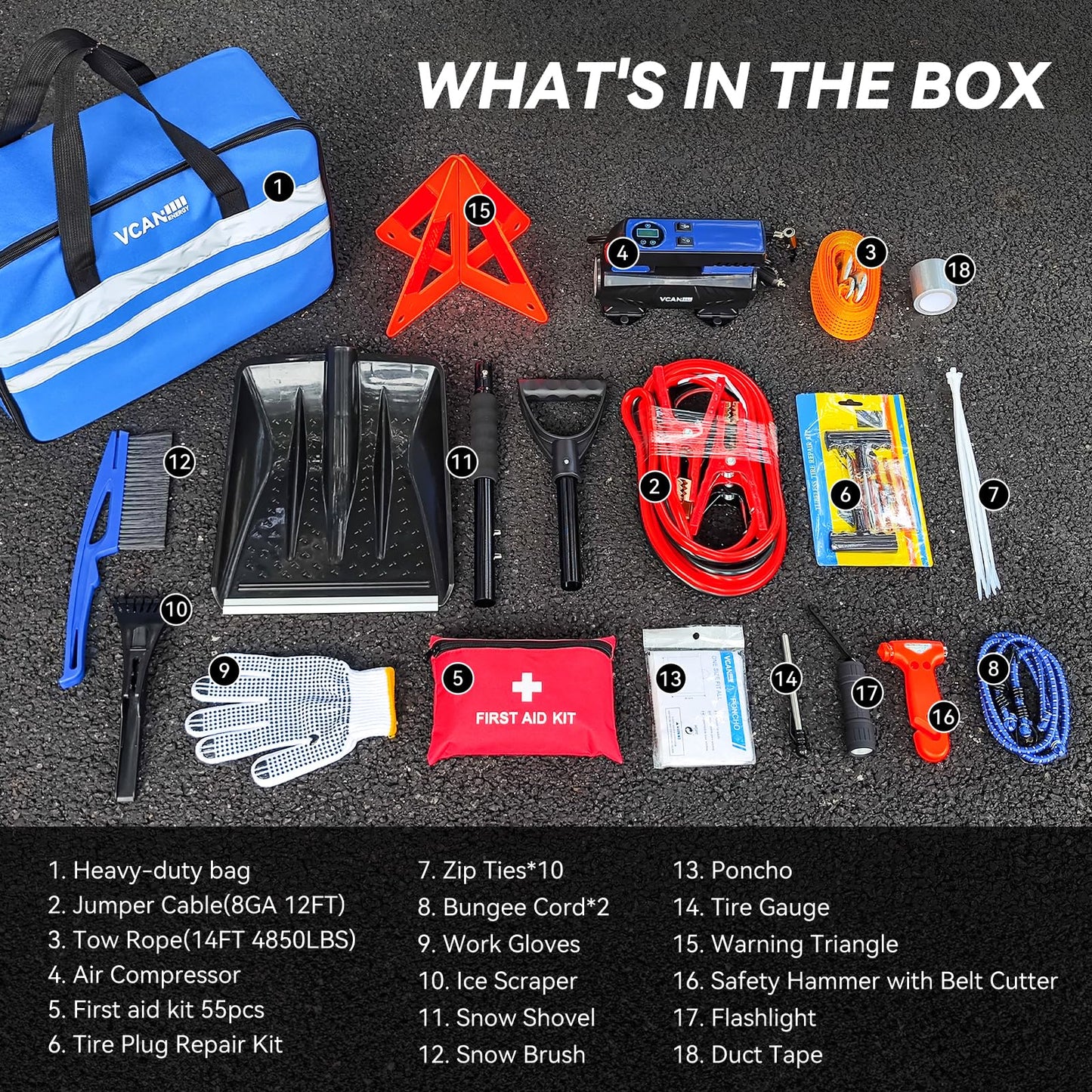 Car Emergency Safety Kit Bag with Digital Air Compressor,Jumper Cables,First Aid Kit, Winter Vehicle Roadside Safety Kit with Detachable Snow Shovel, for Women, Men, Teen