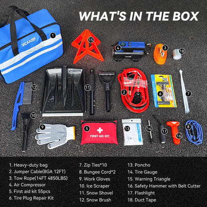 Car Emergency Safety Kit Bag with Digital Air Compressor,Jumper Cables,First Aid Kit, Winter Vehicle Roadside Safety Kit with Detachable Snow Shovel, for Women, Men, Teen