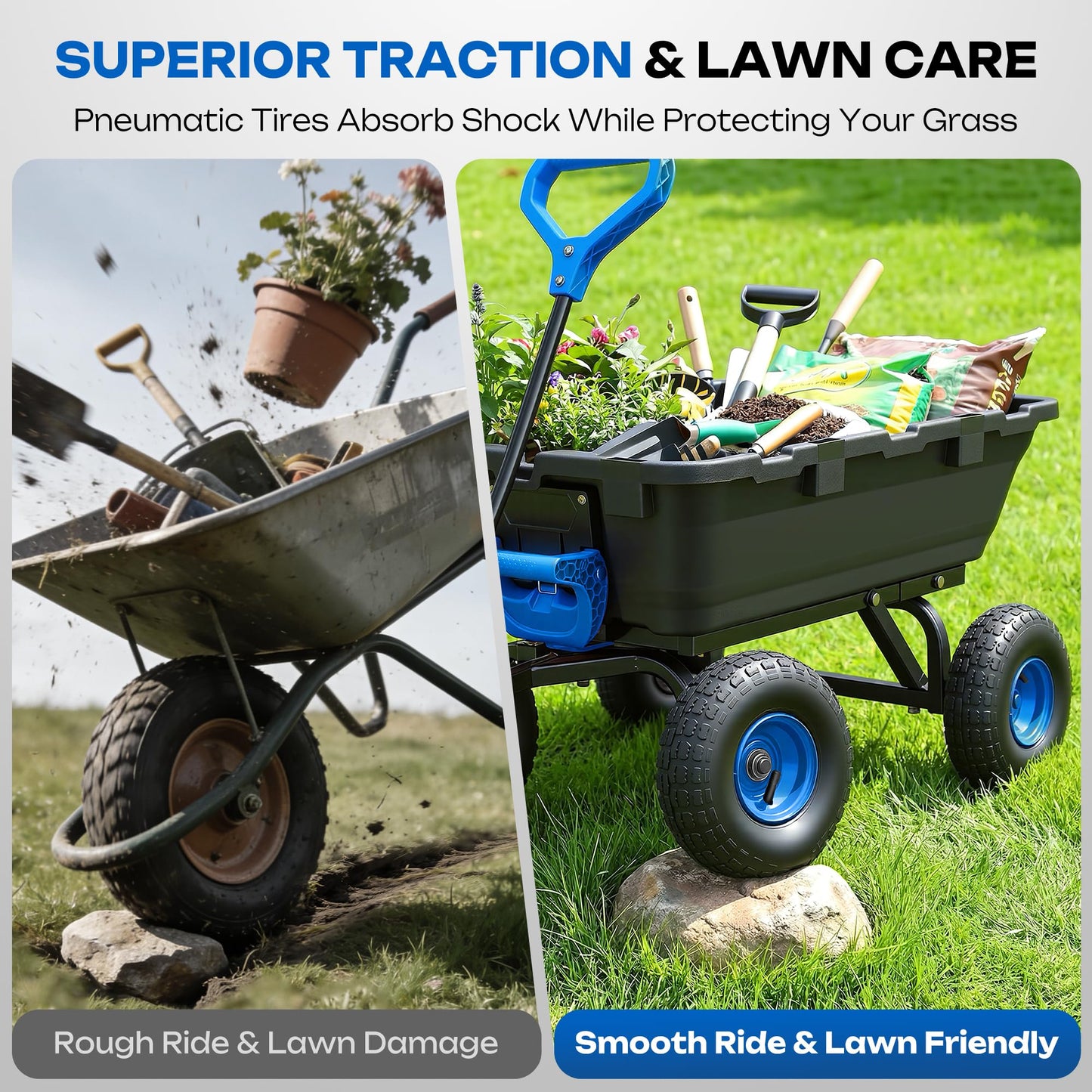 Ultym Garden Dump Cart 900Lbs, 2026 Upgraded Heavy Duty Wheelbarrow Dump Wagon with 10" Non-Slip Pneumatic Tires & Quick-Release Dumping, 4-Wheel Steel Frame Utility Carts for Yard,Farm and Garden