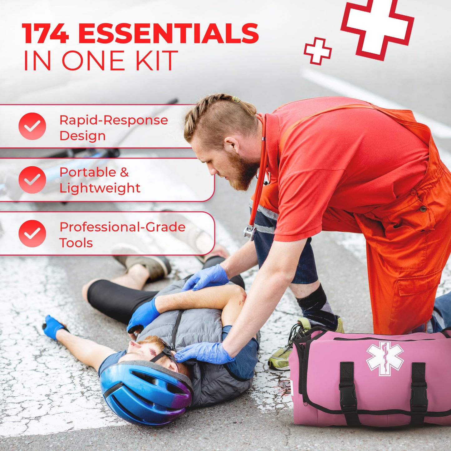 Fully Stocked EMT Trauma Bag – Tactical First Responder Medical Kit with Tourniquet, Vented Chest Seals, Hemostatic Gauze, Trauma Shears, Bandages & Bleeding Control Supplies – Pink