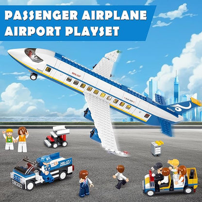 City Passenger Airplane Building Set 4 in 1 STEM Toy with a Large Plane Passenger Bus Luggage Truck Container Loader and 7 Minifigures Compatible with Lego Plane Airport Gift for Boy 6-12
