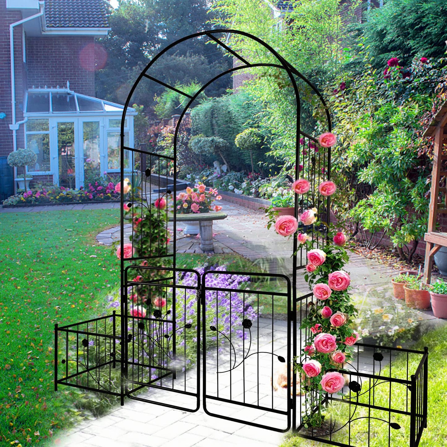 Jintop Metal Outdoor Garden Arch Iron Arbors Gazebo with 2 Plant Stands,High Birdcage Shape Pergola Pavilion,W/Ouble Gate Design,for Ivy Vines,Rose,Morning Glory,Black,79.5"x86.6"