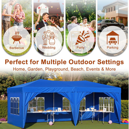 Osparple 10x20 FT Pop Up Canopy Tent, Outdoor Party Tent for Wedding with 6 Removable Sidewalls, Heavy Duty Waterproof Patio Canopy for Backyard, Garden, Lawn - Blue