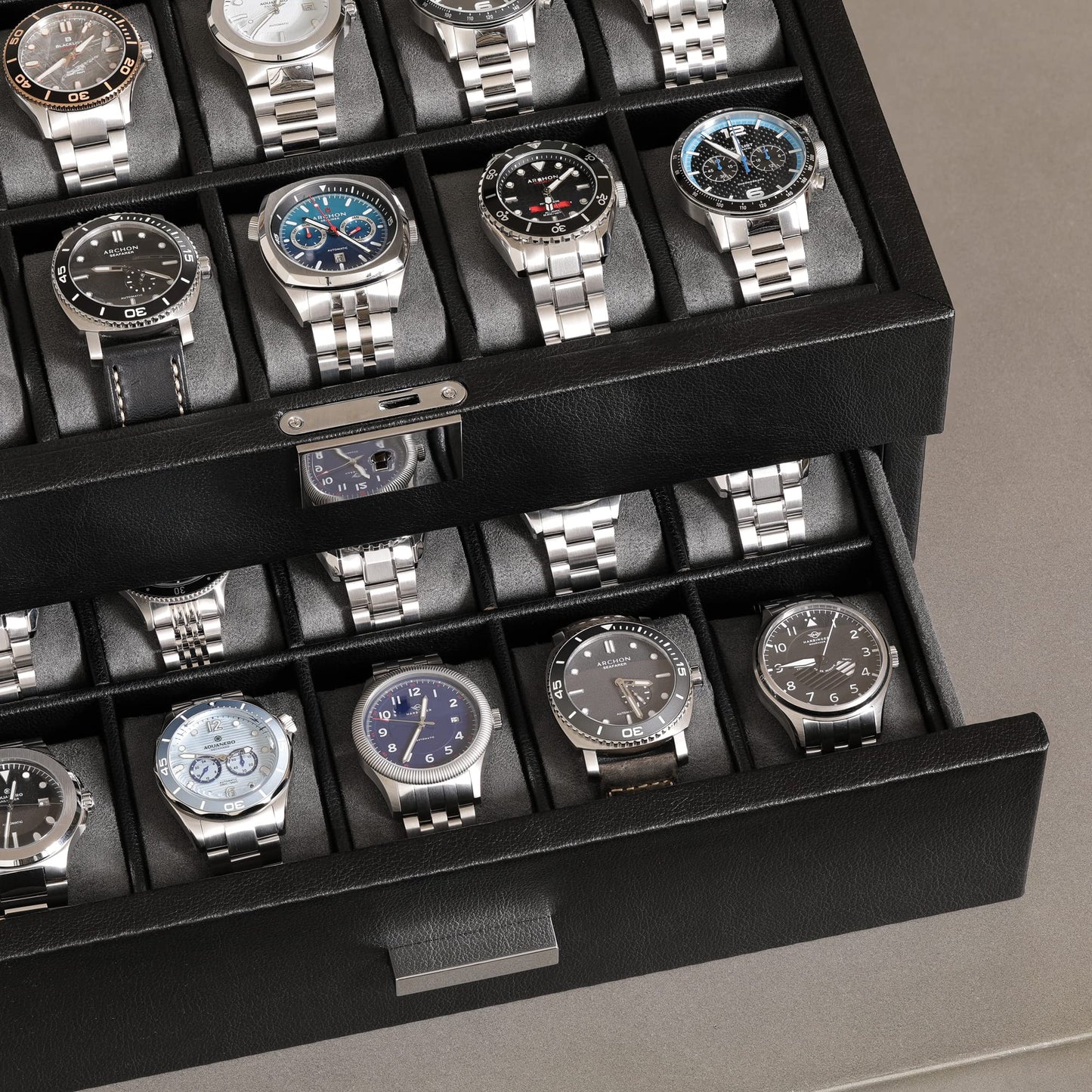 ROTHWELL 20 Slot Leather Watch box - Luxury Case Display Jewelry Organizer, - Locking Display Case Holder with Large Real Glass Top - Watch Box Organizer for Men and Women (Black/Grey)