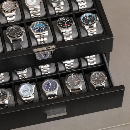 ROTHWELL 20 Slot Leather Watch box - Luxury Case Display Jewelry Organizer, - Locking Display Case Holder with Large Real Glass Top - Watch Box Organizer for Men and Women (Black/Grey)