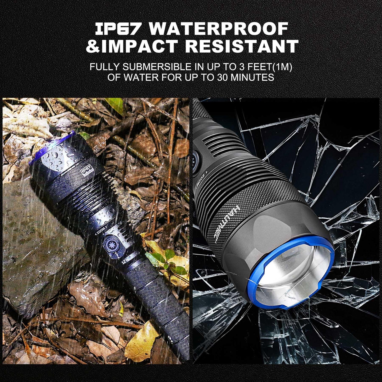 HAUTMEC Rechargeable Flashlights 12000 High Lumens Flashlight, 5 Light Modes Bright Flashlight, 2X Zoom, IP67 Waterproof & Impact-Resistant, and Power Bank, for Emergencies, Hunting, Camping, Hiking