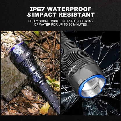 HAUTMEC Rechargeable Flashlights 12000 High Lumens Flashlight, 5 Light Modes Bright Flashlight, 2X Zoom, IP67 Waterproof & Impact-Resistant, and Power Bank, for Emergencies, Hunting, Camping, Hiking