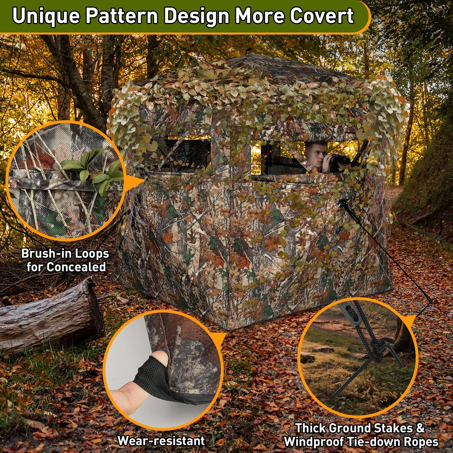 TLC Sport Hunting Blind with Carrying Bag, 360 Degree See Through Ground Blind for 2-3 Person, Camouflage Pop Up Hunting Tent Portable Concealed