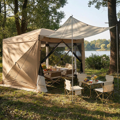 COBIZI 12x12FT Pop Up Gazebo Screen Tent Screen House for Camping, Camping Outdoor Screened Gazebo with Sidewalls, Hub Tent Instant Screened Canopy with Carrying Bag and Ground Stakes, Khaki(Upgraded)