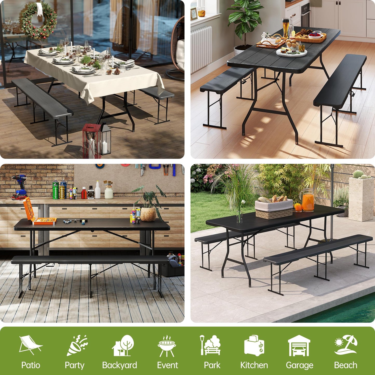 Real Relax 6' Picnic Table with 2 Benches, 3 Piece Black Wood Grain Portable HDPE Folding Camping Table and Benches for Courtyard, Garden, Outdoor Leisure, Party