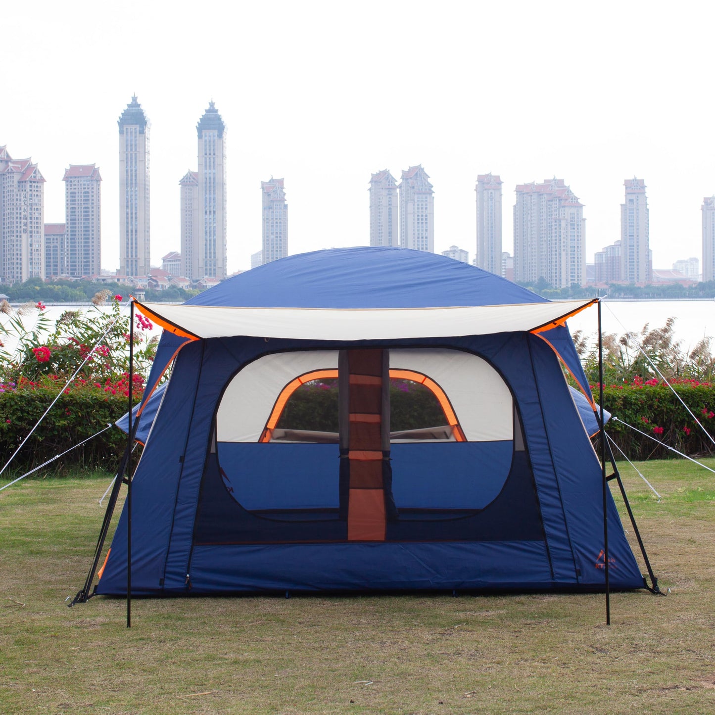 KTT Extra Large Tent 12 Person,Family Cabin Tents,2 Bay-Windows,2 Rooms and 3 Doors 3 Windows with Mesh,Waterproof,Straight Wall,Double Layer,Big Tent for Outdoor,Picnic,Camping(Dark Blue)