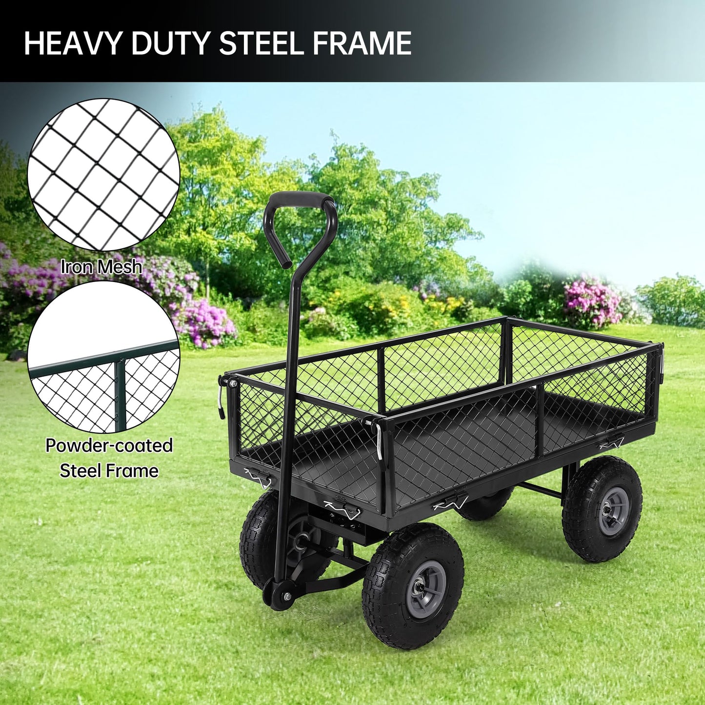 Steel Garden Cart, 500 Lbs Heavy-Duty Garden Wagon Cart Pullable on Wheels,Metal Yard Utility Wagon Carts with Removable Cart Liner, Black