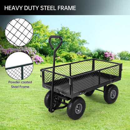 Steel Garden Cart, 500 Lbs Heavy-Duty Garden Wagon Cart Pullable on Wheels,Metal Yard Utility Wagon Carts with Removable Cart Liner, Black