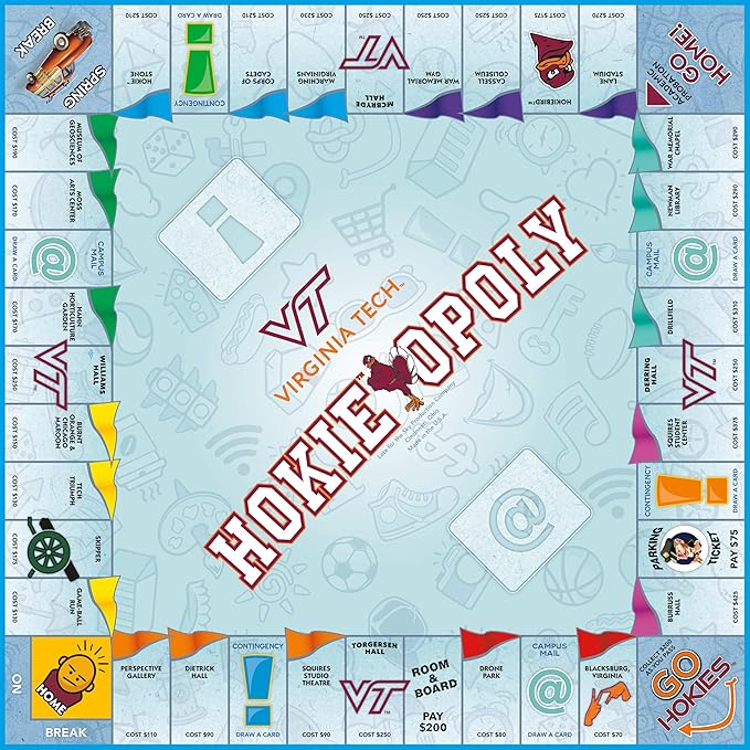 Late for the Sky Virginia Tech Va Techopoly Campus Board Game &amp Property Trading Family Game for Fans 2-6 Players Alumni and Student Gift College Landmarks and Tokens