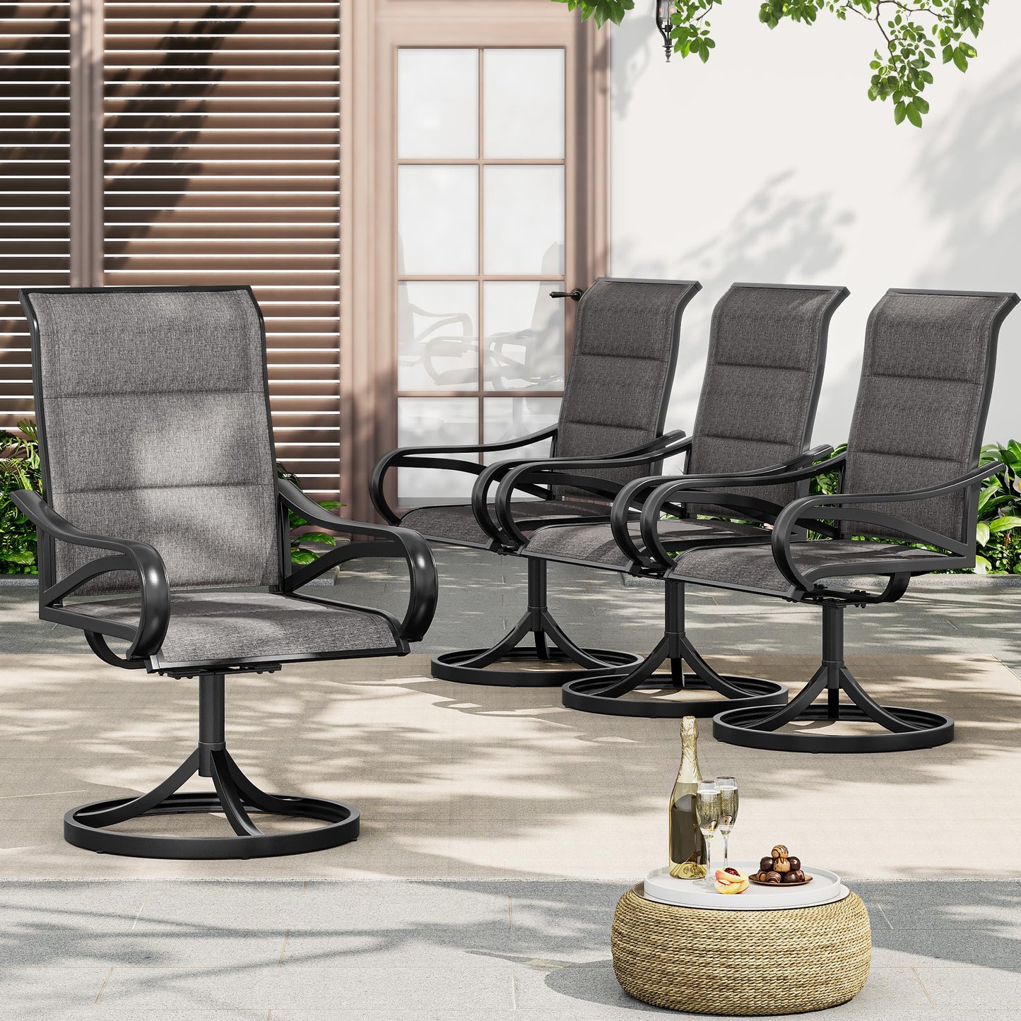 DWVO 4 Set Padded Outdoor Swivel Chairs, Exclusive Swivel Patio Chairs w/Sturdy Metal Frame & Cozy Padded High Back, All Weather Patio Swivel Chairs for Backyard Deck Garden, Gray